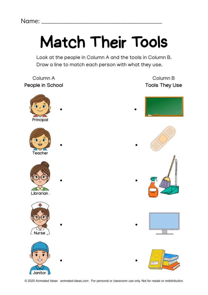 People Who Have Important Roles in School Worksheets, match the school helpers with their tools, kindergarten activity.