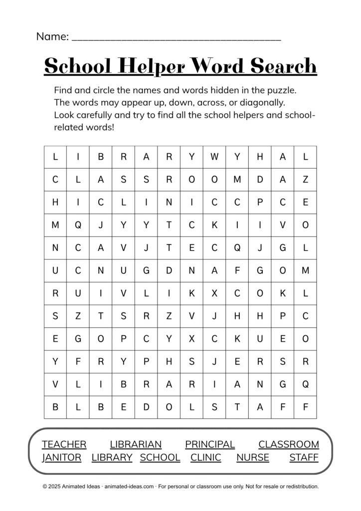 People Who Have Important Roles in School Worksheets, school helper word search for kindergarten students.