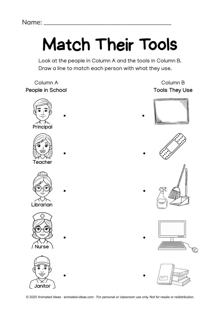 Black and white worksheet – People Who Have Important Roles in School Worksheets, match the school helpers with their tools, printable PDF.