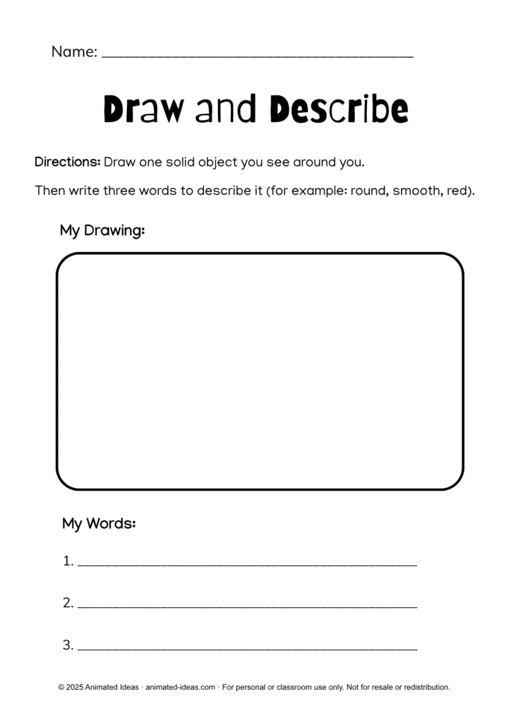 Grade 3 Characteristics of Solids Printable Worksheets showing a drawing and description activity for kids to illustrate solids and write three descriptive words.