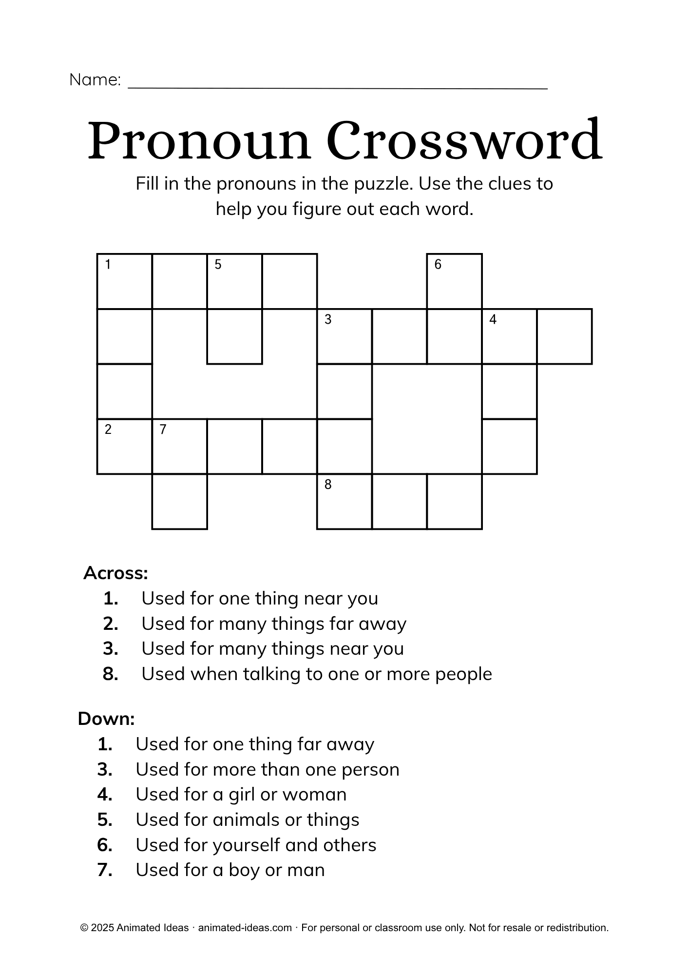 Pronoun Worksheets – Words that Replace Nouns (Pronoun Crossword Puzzle for Grade 3 Students)