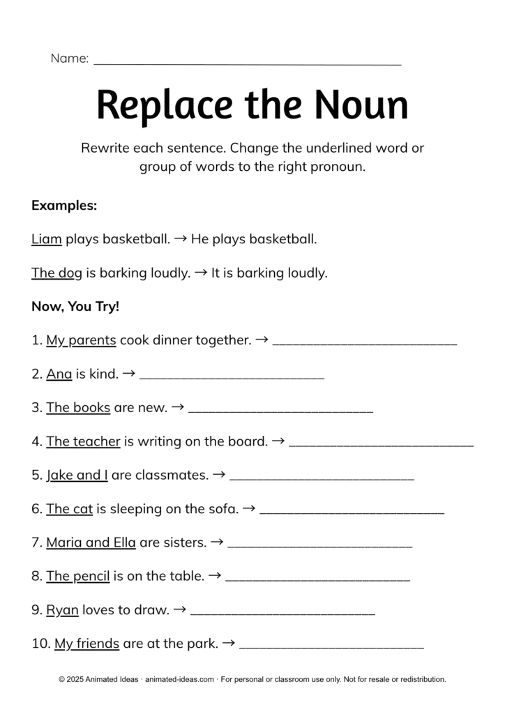 Pronoun Worksheets – Words that Replace Nouns (Replace the Noun Exercise for Grade 3 Learners)