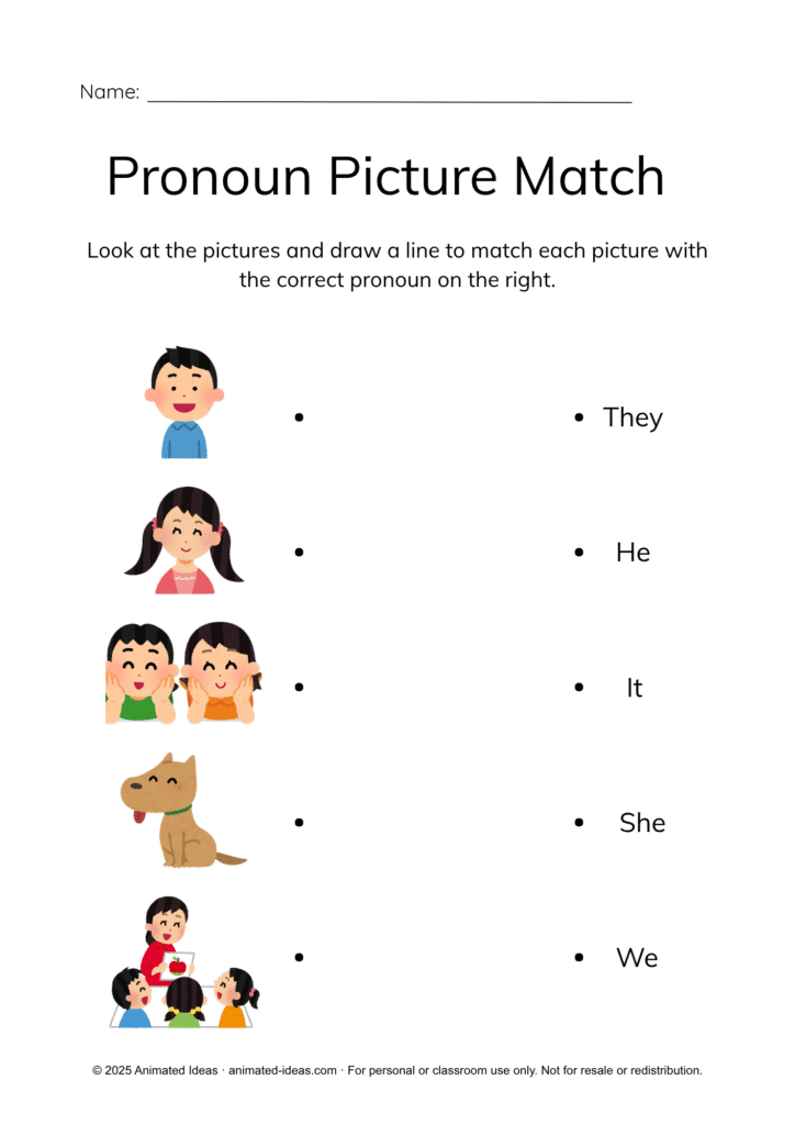 Pronoun Worksheets – Words that Replace Nouns (Pronoun Picture Match with Visuals for Kids)