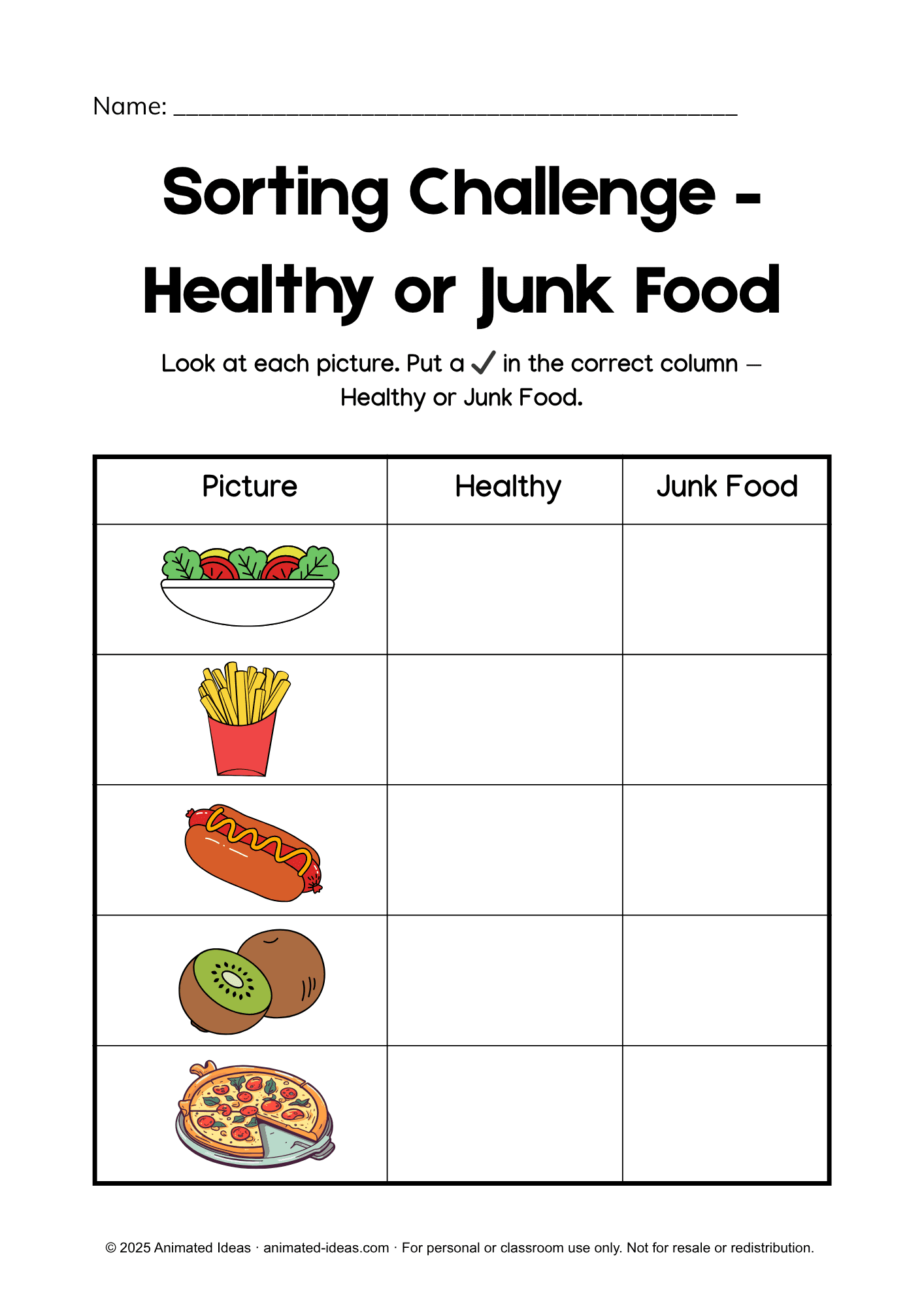 Sorting Worksheets for Kids – Healthy or Junk Food activity in color