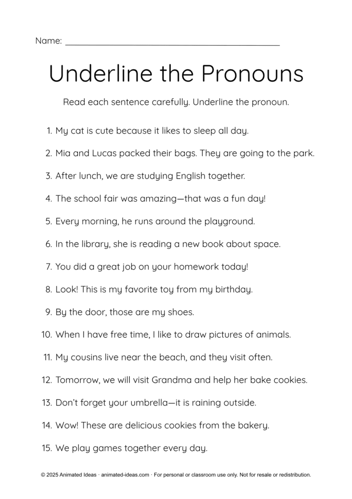 Pronoun Worksheets – Words that Replace Nouns (Underline the Pronouns Activity for Grade 3 Students)
