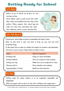 Child brushing teeth before school – Getting Ready for School handout