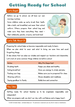 Child brushing teeth before school – Getting Ready for School handout