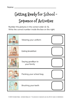 Printable Getting Ready for School worksheets showing sequencing activities for morning routines.