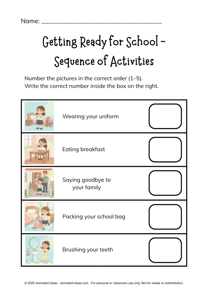 Printable Getting Ready for School worksheets showing sequencing activities for morning routines.