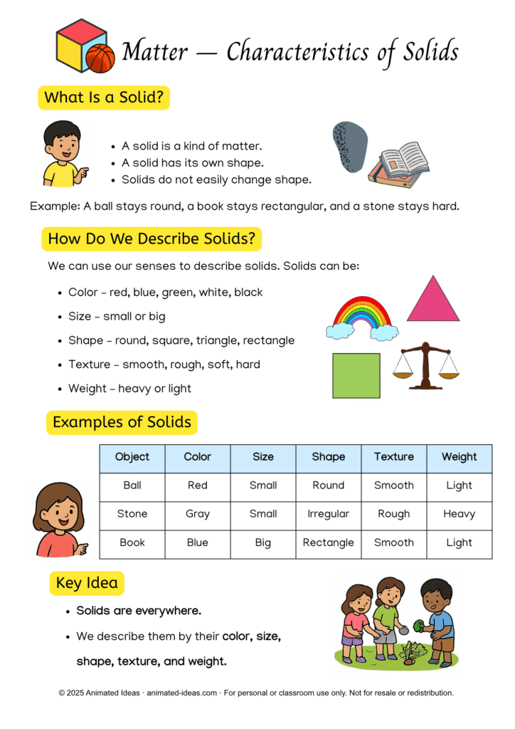 Grade 3 science Characteristics of Solids Printable Guide showing examples of a ball, stone, and book
