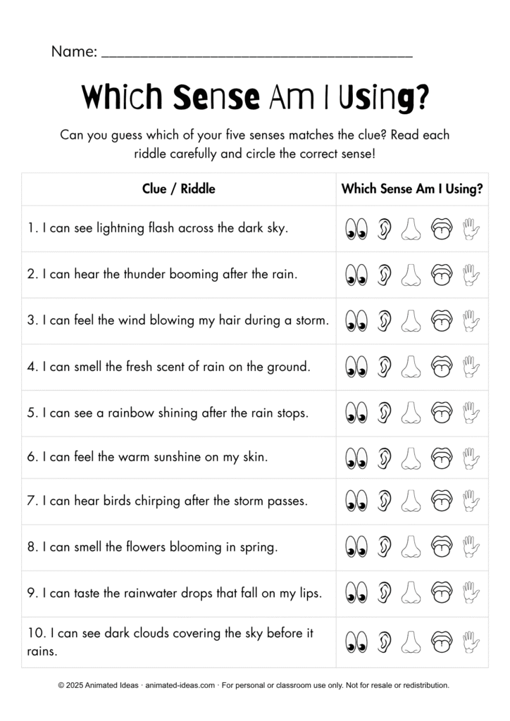 Five senses science worksheets Grade 3 riddle activity identifying senses through natural events