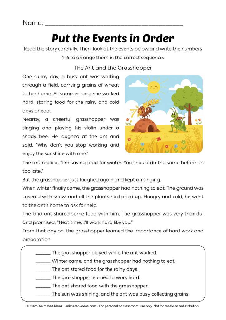 Sequencing Events Worksheets story example