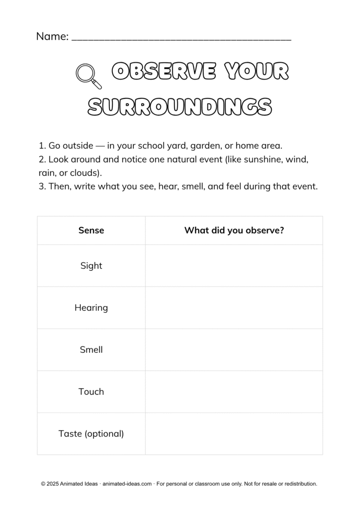 Five senses science worksheets Grade 3 observation chart using the five senses