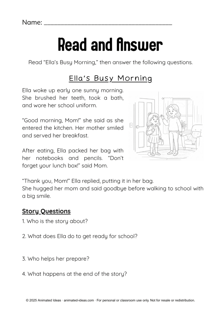 Children completing Getting Ready for School worksheets about brushing teeth and eating breakfast.