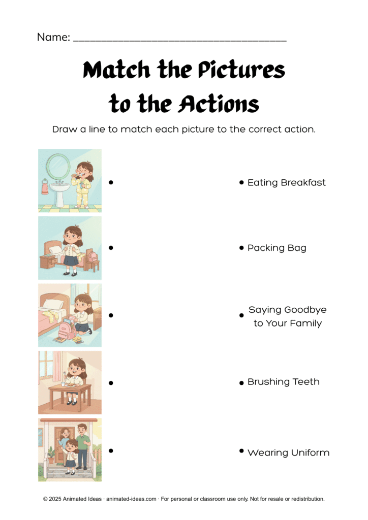 Student matching pictures and actions in Getting Ready for School worksheets.