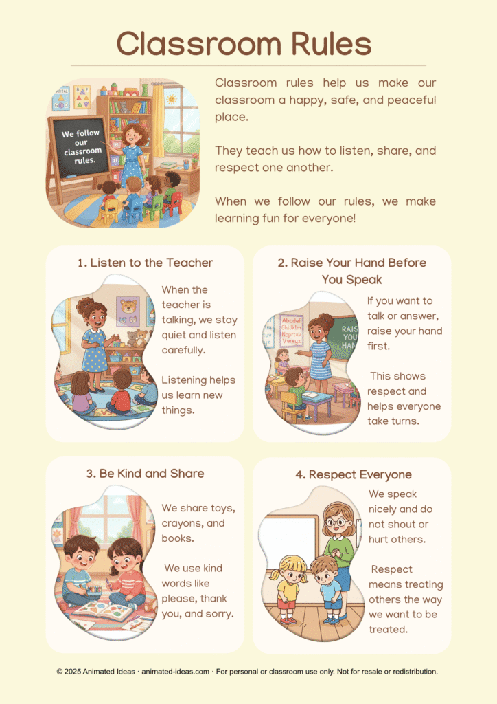 Illustration of preschool children following classroom rules – listening, sharing, raising hands, keeping clean, and showing respect.