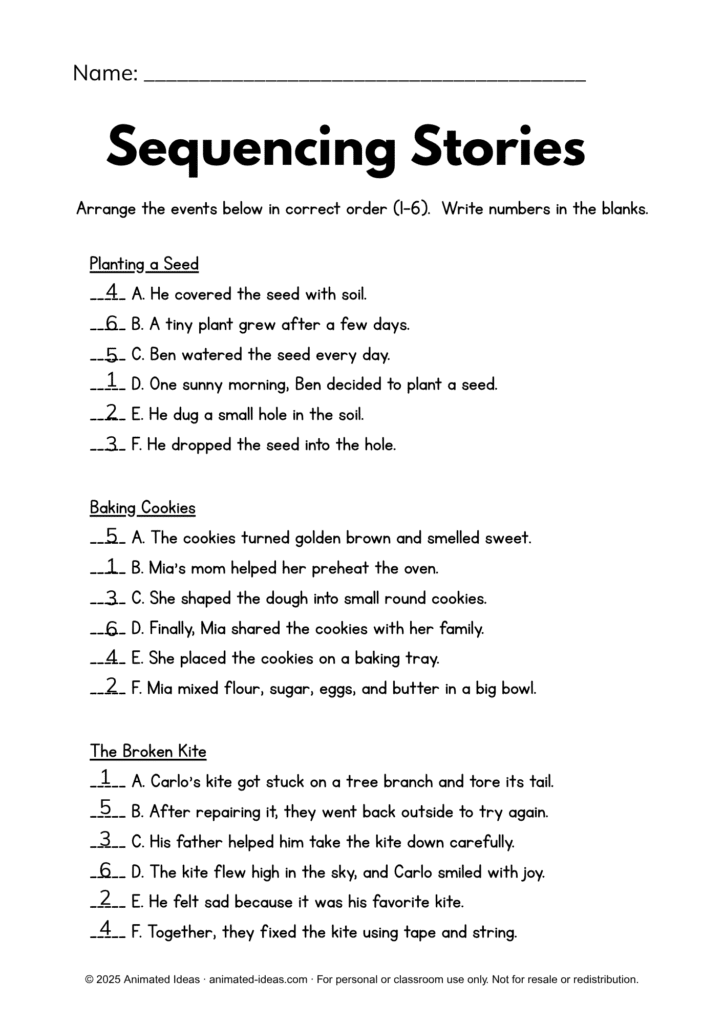 Sequencing Events Worksheets for Grade 4 English