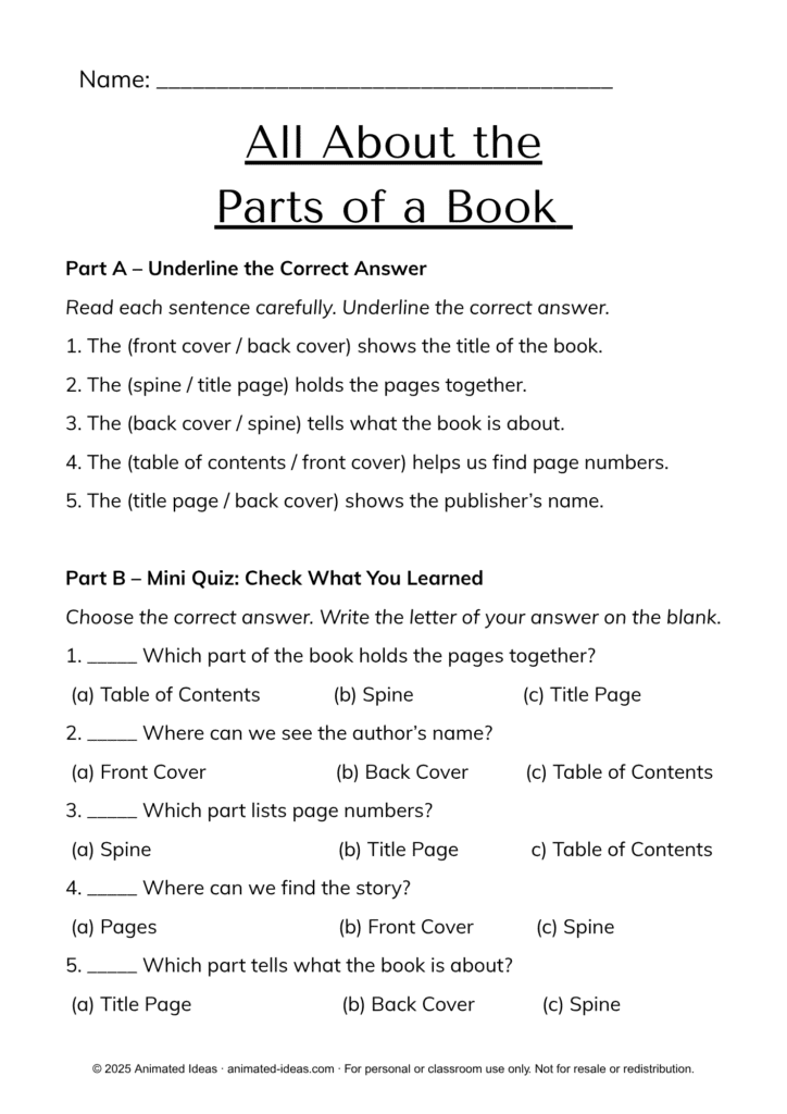 Parts of a Book Worksheets for Grade 1 – mini quiz to review book parts learning