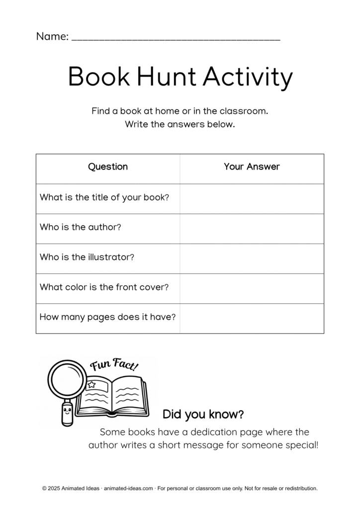 Parts of a Book Worksheets for Grade 1 – fun book hunt activity for early readers