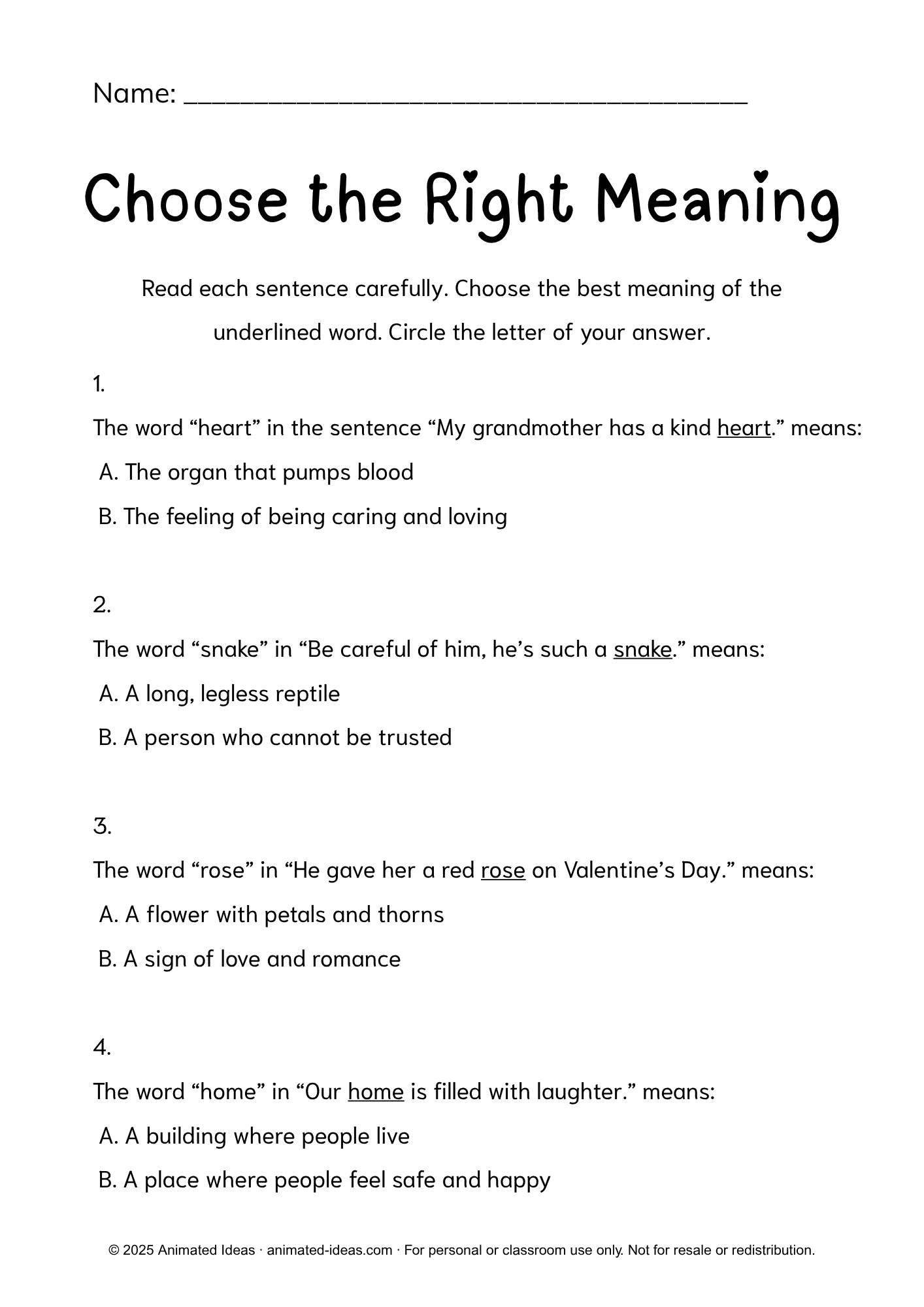 Multiple-choice worksheet for Grade 4 titled Choose the Right Meaning — denotative and connotative meaning questions with two options from Animated Ideas.