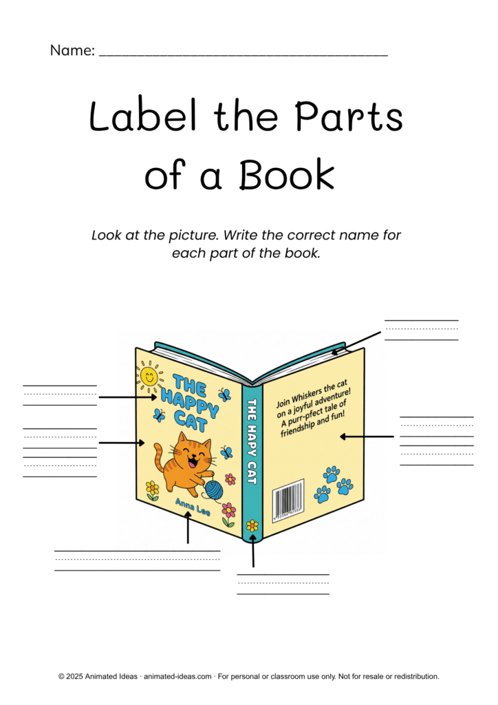 Parts of a Book Worksheets for Grade 1 – colored version showing front and back cover activity