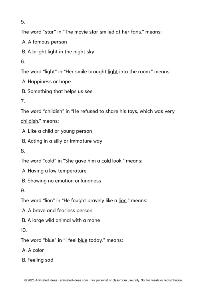 Page 2 of multiple-choice worksheet for Grade 4 titled Choose the Right Meaning — denotative and connotative meaning questions with two options from Animated Ideas.
