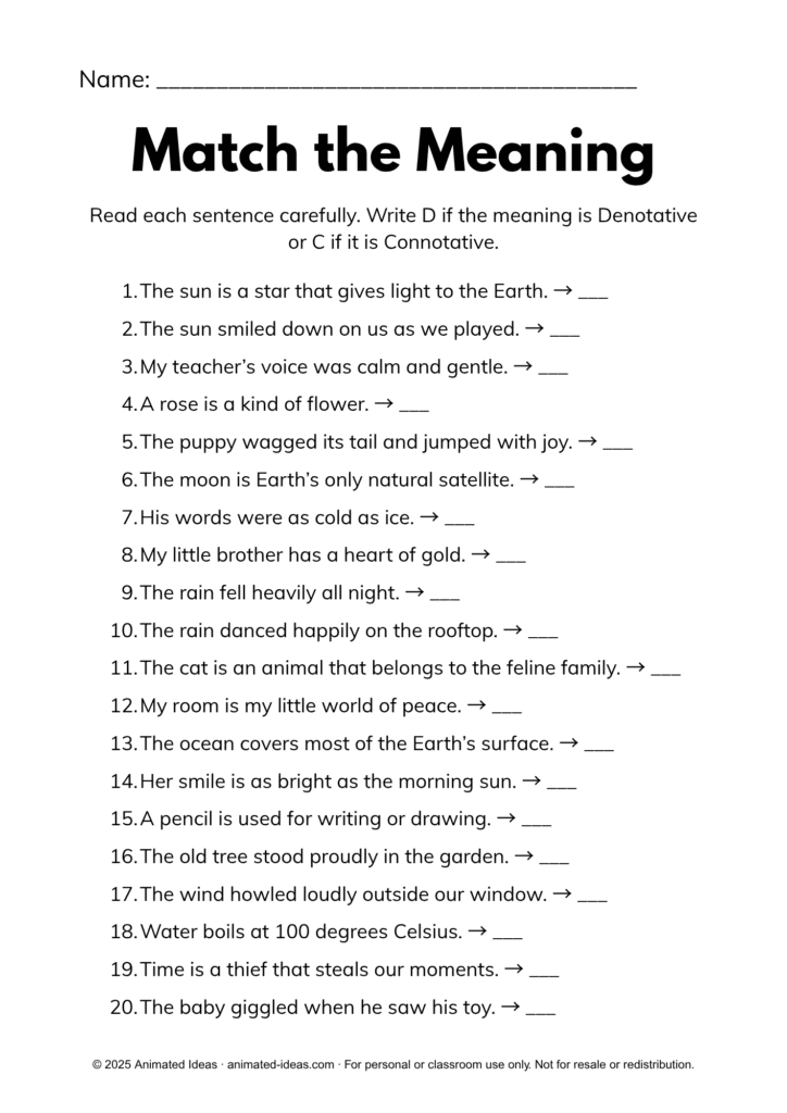 Printable worksheet for Grade 4 titled Match the Meaning — denotative and connotative meaning sentences with D and C choices from Animated Ideas.