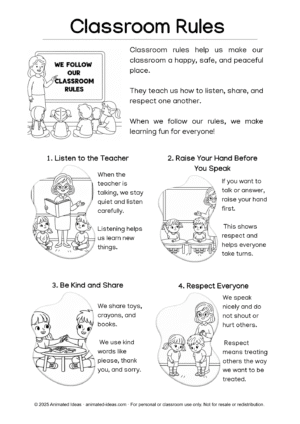 Illustration of preschool children following classroom rules – listening, sharing, raising hands, keeping clean, and showing respect.