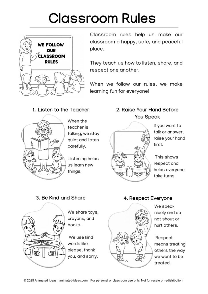 Illustration of preschool children following classroom rules – listening, sharing, raising hands, keeping clean, and showing respect.