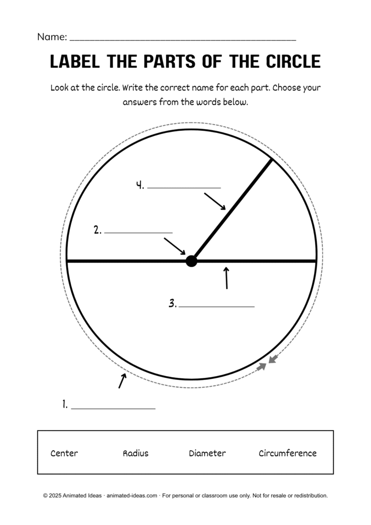 Circle Worksheets for Grade 2 – Label the Parts of the Circle worksheet showing center, radius, diameter, and circumference.