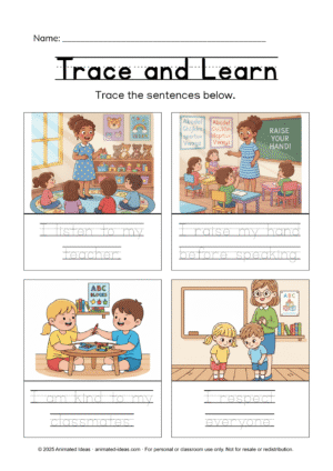 Preschool Classroom Rules Worksheets – children tracing sentences about listening, speaking politely, kindness, and respect.