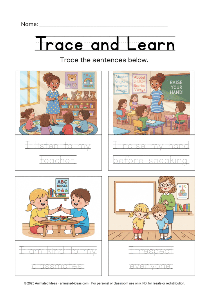 Preschool Classroom Rules Worksheets – children tracing sentences about listening, speaking politely, kindness, and respect.