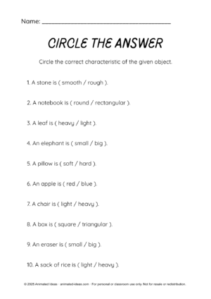 Grade 3 Characteristics of Solids Printable Worksheets with circling activity to identify properties of solids like size, shape, and texture.