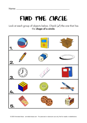Circle Worksheets for Grade 2 – Shape identification activity where students check the object shaped like a circle.