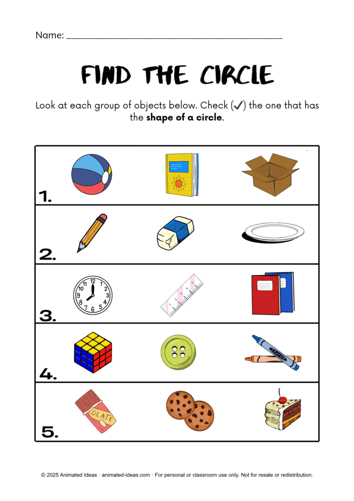Circle Worksheets for Grade 2 – Shape identification activity where students check the object shaped like a circle.