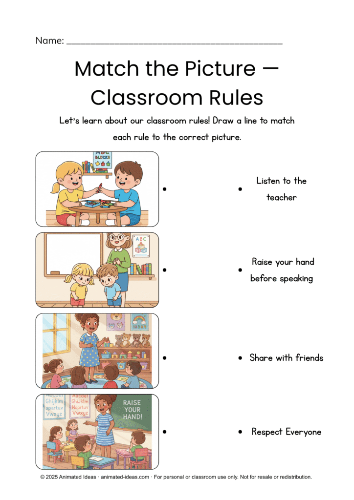 Preschool Classroom Rules Worksheets – kids matching classroom rules to the correct pictures about listening and sharing.