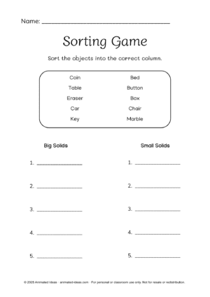 Grade 3 Characteristics of Solids Printable Worksheets displaying a sorting activity for big and small solids such as table, car, coin, and marble.