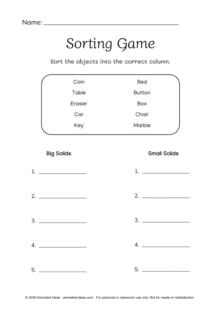 Grade 3 Characteristics of Solids Printable Worksheets displaying a sorting activity for big and small solids such as table, car, coin, and marble.