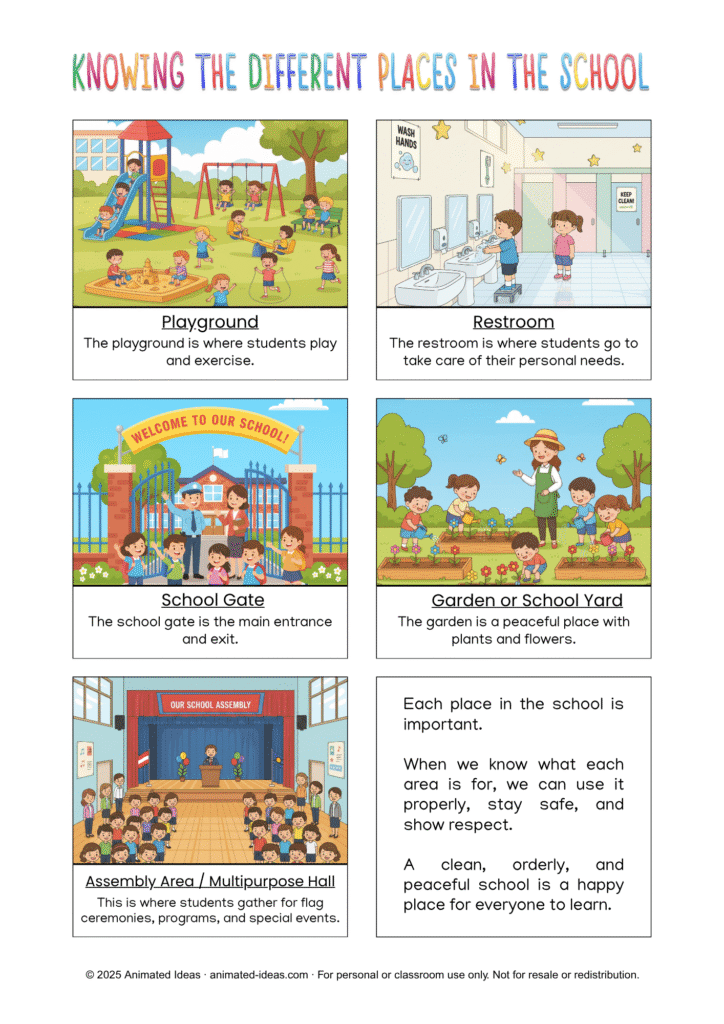 Illustrated Places in School printable handout