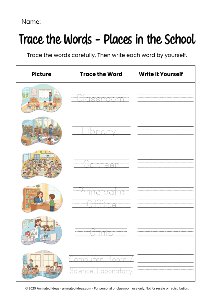 Places in School Worksheets tracing page for early learners