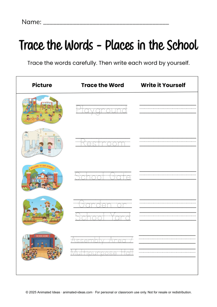 Places in School Worksheets tracing page for early learners (black and white)
