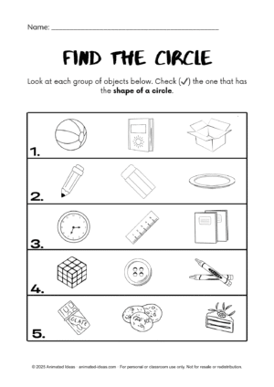 Circle Worksheets for Grade 2 – Shape identification activity where students check the object shaped like a circle.