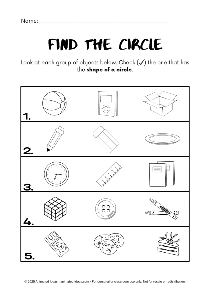 Circle Worksheets for Grade 2 – Shape identification activity where students check the object shaped like a circle.