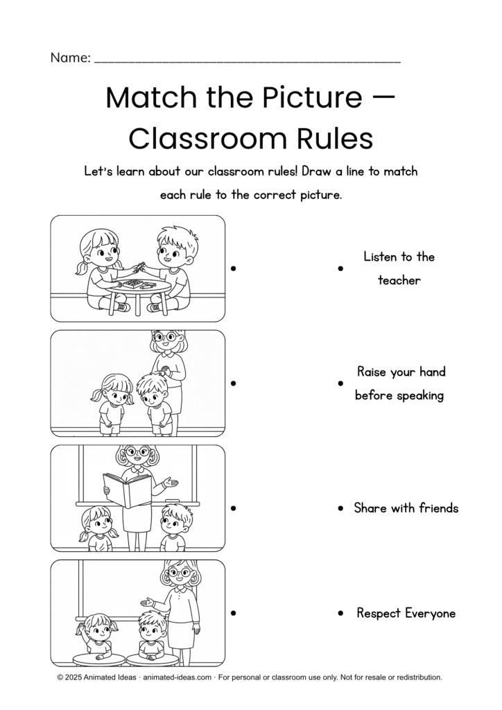 Preschool Classroom Rules Worksheets – kids matching classroom rules to the correct pictures about listening and sharing.