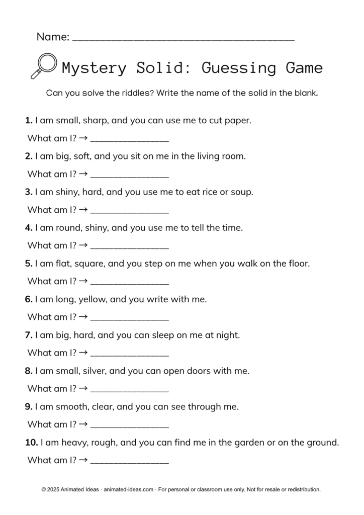 Grade 3 Characteristics of Solids Printable Worksheets showing a guessing game with riddles about solids like ball, book, apple, and chair.
