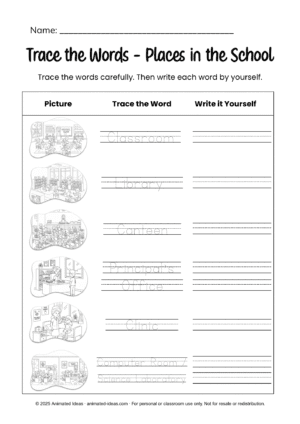 Places in School Worksheets tracing page for early learners