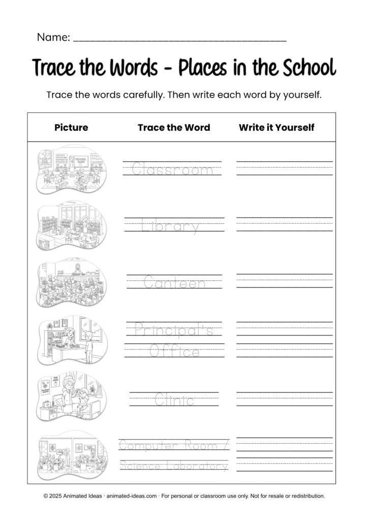 Places in School Worksheets tracing page for early learners