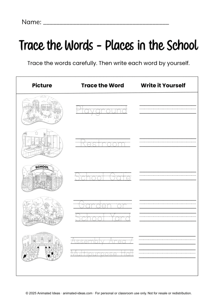 Places in School Worksheets tracing page for early learners