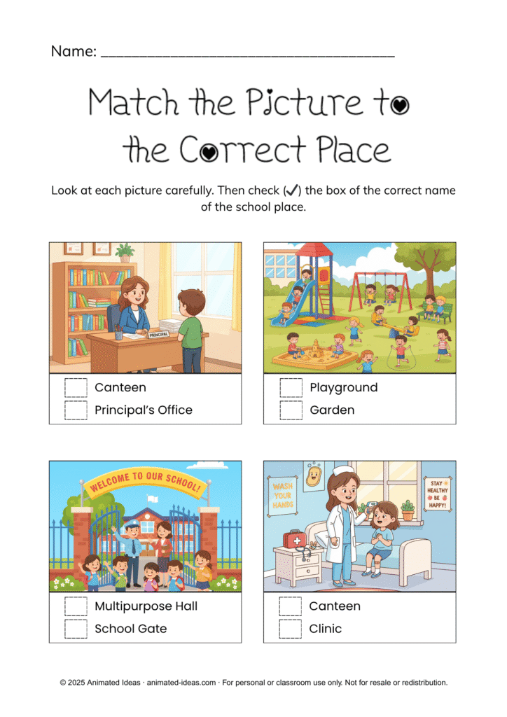 Places in School Worksheets matching activity for kids