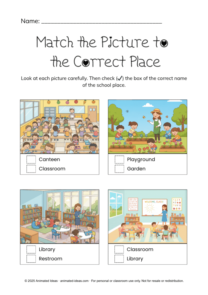 Places in School Worksheets matching activity for kids